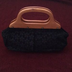 J Crew black eyelet handbag with wooden handle